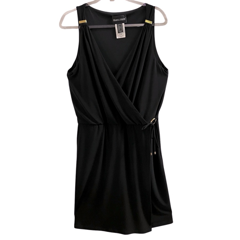 FRANK LYMAN DESIGN JUMPSUIT, Sz 12, Black Sleeveless V-Neck Romper Gold Accent